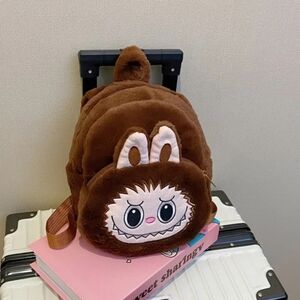Dark Brown Plush Cute Backpack with Cartoon Face Labubu Halloween Bag